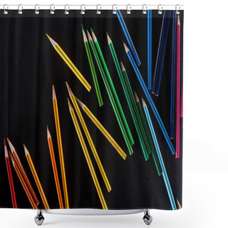 Personality  Scattered Sharpened Color Pencils Isolated On Black Shower Curtains