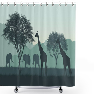 Personality  Realistic Illustration Of African Landscape And Safari. Elephant With Giraffe On Savanna Among Trees On Clear Summer Day Under Green Sky - Vector Shower Curtains