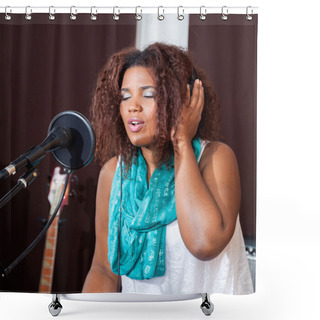 Personality  Singer With Eyes Closed Performing In Studio Shower Curtains
