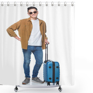 Personality  Handsome Young Man With Luggage Looking At Camera Isolated On White Shower Curtains