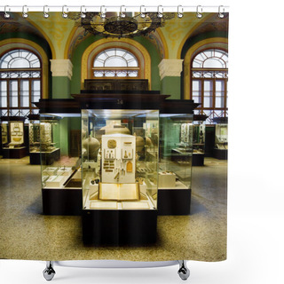 Personality  Museum Exhibits Of Ancient Relics In Glass Cases Against Big Win Shower Curtains