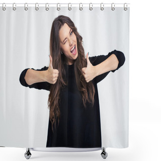 Personality  Cheerful Woman Winking And Showing Thumbs Up Shower Curtains