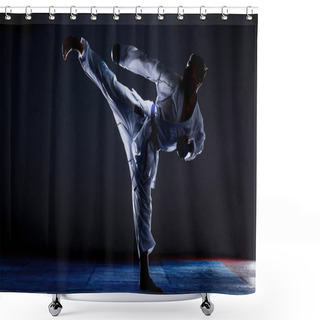 Personality  An Athlete With A Blue Belt And In Karate Performs A Formal Karate Exercise Shower Curtains