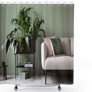 Personality  Stylish Composition Of Living Room Interior. Modern Sofa, Design Pillows, Plants In Metal Pot And Creative Personal Accessories. Eucalyptus Green Wall. Template. Copy Space.  Shower Curtains
