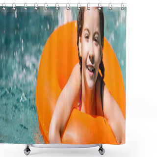 Personality  Horizontal Image Of Joyful Girl Swimming On Inflatable Ring In Pool Near Water Splashes Shower Curtains