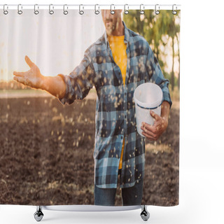 Personality  Cropped View Of Farmer In Checkered Shirt Sowing Seeds On Plowed Field Shower Curtains