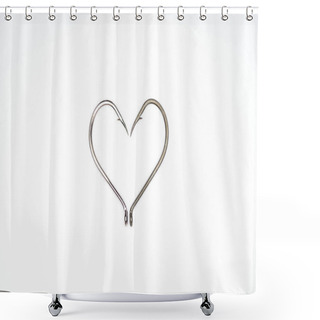 Personality  Flat Lay With Heart Symbol Made Of Fishing Hooks Isolated On White Shower Curtains