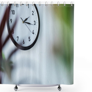 Personality  Selective Focus Of Black And White Clock Hanging On Wall Shower Curtains