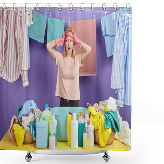 Personality  Good Looking Surprised Girl Keeping Hands On Her Head. Shower Curtains