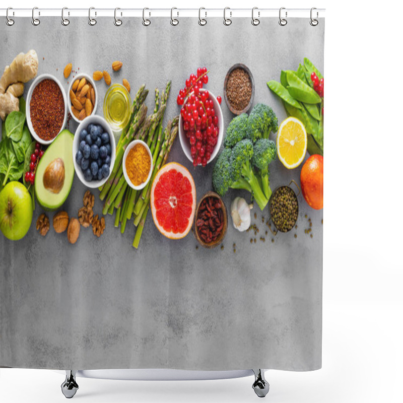 Personality  Healthy Food Background, Spinach, Quinoa, Apple, Blueberry, Asparagus, Turmeric, Red Currant, Broccoli, Mung Bean, Walnuts, Grapefruit, Ginger, Avocado, Almond, Lemon, Green Peas And Goji, Top View Shower Curtains