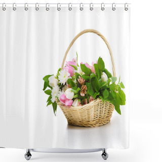 Personality  Close-up Shot Of Beautiful Flowers In Basket Isolated On White Shower Curtains