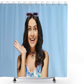 Personality  A Pretty Woman In A Bathing Suit Joyfully Raises Her Hands In A Studio, Wearing Sunglasses Against A Blue Background. Shower Curtains
