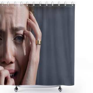 Personality  Partial View Of Upset Young Woman With Ring Crying And Looking At Camera Shower Curtains