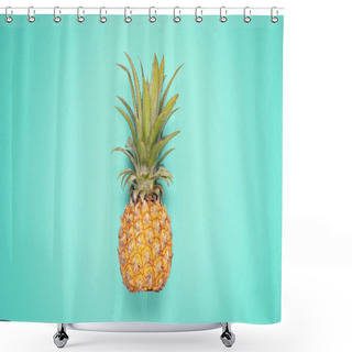 Personality  Tropical Pineapple Fruit Top View Over Blue Background. Summer Vacation, Travel, Tourism Concept Flat Lay.  Shower Curtains