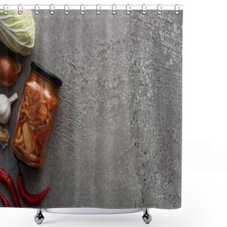 Personality  Top View Of Kimchi Jar, Chili Peppers, Garlic, Onions And Chinese Cabbage On Concrete Background Shower Curtains