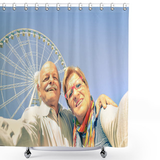 Personality  Happy Retired Senior Couple Taking Selfie At Travel Around The World - Concept Of Active Playful Elderly With Mobile Phone - Mature People Fun Lifestyle In Sunny Day With Strong Sunlight Color Tones Shower Curtains