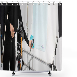 Personality  Cropped View Of African American Woman Holding Exposure Meter Between Digital Camera And Shooting Table In Photo Studio, Banner Shower Curtains