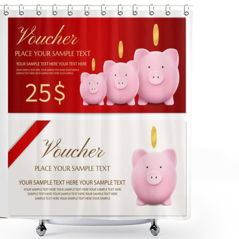 Personality  Voucher, Gift Certificate, Coupon Template Design With Piggy Bank Vector And Red Bow (ribbon) For Ticket Design, Discount Gift Card. Saving Bank Account Concept On Solated Background. Finance Capital  Shower Curtains