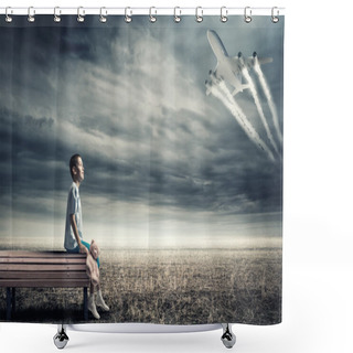 Personality  Boy On Bench And Airplane In Sky Shower Curtains