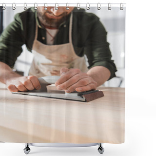 Personality  Cropped View Of Blurred Bearded Restorer Sanding Wooden Board In Workshop  Shower Curtains