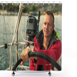 Personality  Skipper At The Helm The Sail Yachts Boat Control During Sea Race. Shower Curtains