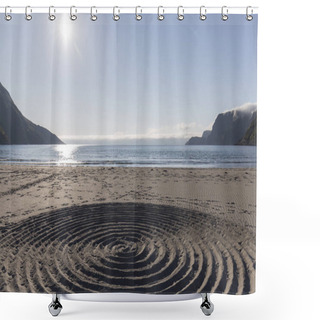 Personality  Symbol, Concentric Circles Drawn In The Beach Sand, White Sand, Blue Water, Clear Blue Sky Shower Curtains