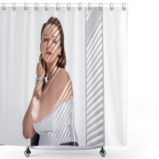 Personality  Beautiful, Dreamy Overweight Girl In White Top Touching Neck While Posing On White In Sunlight With Shadows Shower Curtains