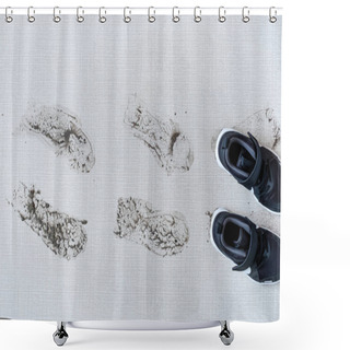 Personality  Dirty Shoes Leaving Muddy Footprints On Carpet. Top View. High Quality Photo Shower Curtains