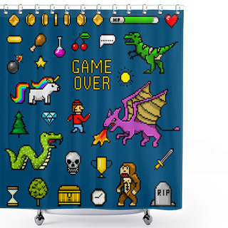 Personality  Pixel Art 8 Bit Objects. Retro Game Assets. Set Of Icons. Vintage Computer Video Arcades. Characters Dinosaur Pony Rainbow Unicorn Snake Dragon Monkey And Coins, Winners Trophy. Vector Illustration. Shower Curtains