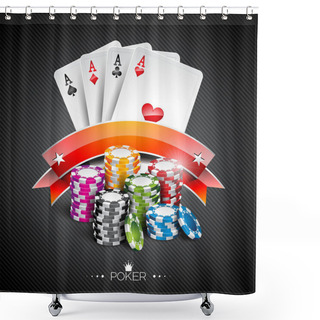 Personality  Vector Illustration On A Casino Theme With Color Playing Chips And Poker Cards On Dark Background. Shower Curtains