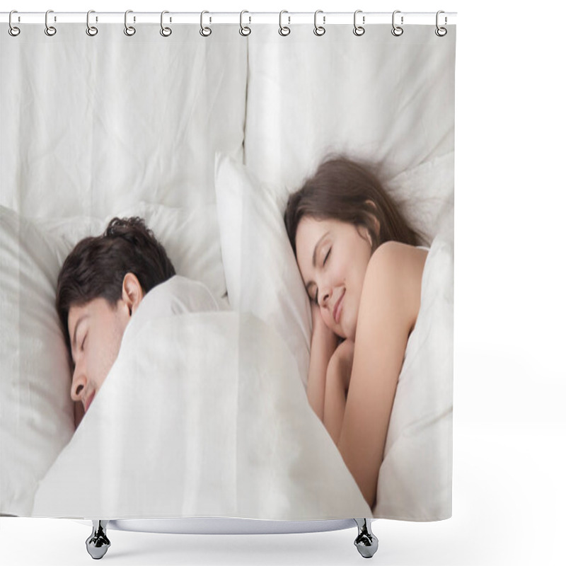 Personality  Loving Couple Sleeping Peacefully In Comfortable Bed, Falling As Shower Curtains