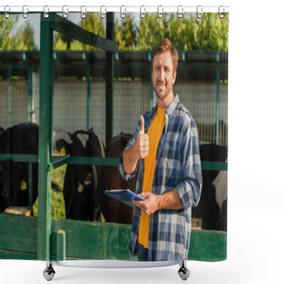 Personality  Farmer In Plaid Shirt Showing Thumb Up While Standing Near Cowshed With Clipboard Shower Curtains