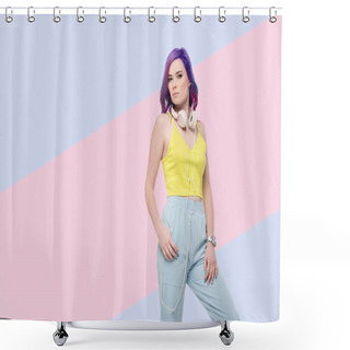 Personality  Young Woman With Headphones Hanging On Neck On Creative Background Shower Curtains