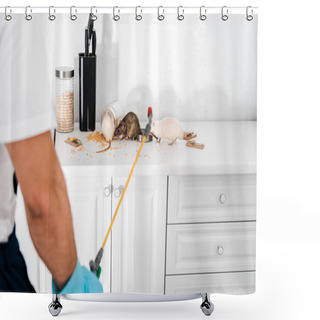 Personality  Cropped View Of Exterminator Standing Near Rats In Kitchen  Shower Curtains