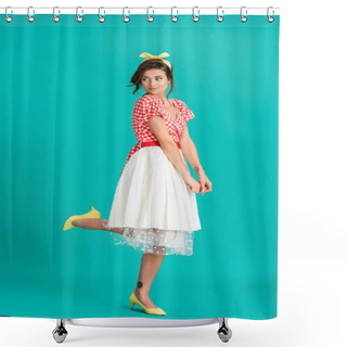 Personality  Coquettish Pin Up Woman Standing On One Leg While Posing On Turquoise Shower Curtains