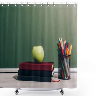 Personality  Ripe Apple On Books Near Pen Holder With School Supplies On Desk Near Green Chalkboard Shower Curtains