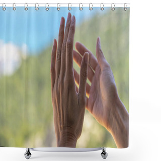 Personality  Woman Hands Applauding From Her Balcony To Support Medical Staff, Health Workers, Doctors, Nurses During Coronavirus Pandemic Shower Curtains