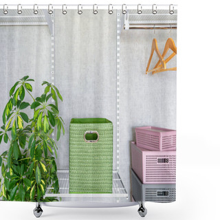 Personality  Green Box With Handles On Metal Shelf In Dressing Room. Modern And Fashionable Wardrobe With Metal Shelves, Storage System Clothes. Shower Curtains