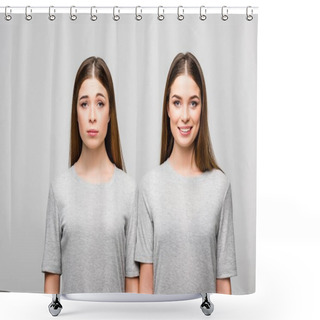 Personality  Portrait Of Twin Sisters In Grey Tshirts Showing Emotions Isolated On Grey Shower Curtains