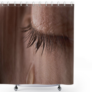 Personality  Closeup Closed Eye Of Crop Anonymous Unhappy Crying Kid With Small Tear Rolling Down On Cheek While Standing In Light Room Shower Curtains