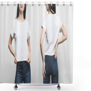 Personality  Front And Back View Of Young Woman In Blank T-shirt Isolated On White Shower Curtains