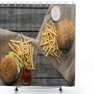 Personality  Top View Of Hamburgers, French Fries And Sauces On Baking Paper On Wooden Tabletop Shower Curtains