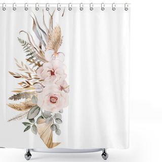 Personality  Watercolor Bohemian Frame With Tropical Flowers, Dried Palm Leaves And Pampas Grass Illustration, Copy Space. Arrangement For Wedding Design  Shower Curtains