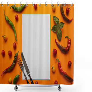Personality  Top View Of Blank Card, Cutlery And Fresh Tomatoes With Basil And Peppers On Orange Shower Curtains