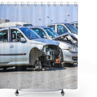 Personality  Several Cars In A Scrap Yard Available For Spare Parts Shower Curtains