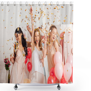 Personality  Beautiful Cheerful Multicultural Girls Holding Champagne Glasses And Celebrating Under Falling Confetti During Pajama Party Shower Curtains