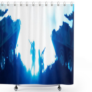 Personality  Battle Scene With Toy Warriors And Tanks With Lighting On Blue Background, Panoramic Shot Shower Curtains