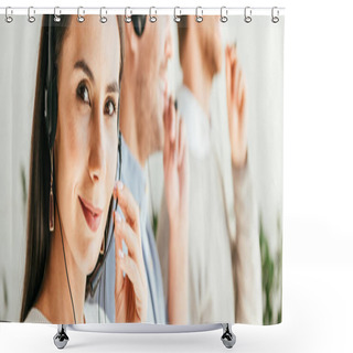 Personality  Panoramic Shot Of Happy Broker Touching Headset Near Coworkers In Office  Shower Curtains
