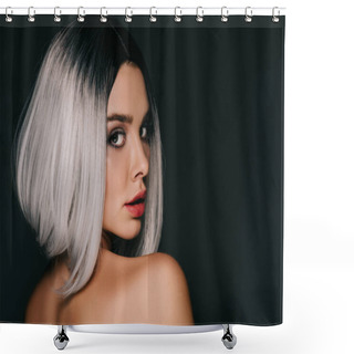 Personality  Attractive Girl Posing In Grey Wig, Isolated On Black Shower Curtains