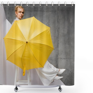 Personality  Beautiful Girl Sitting On Chair And Holding Yellow Umbrella On White And Grey  Shower Curtains
